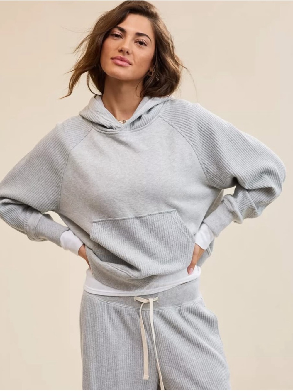Aerie Essential Light Gray Waffle Ribbed Hoodie Size Small
